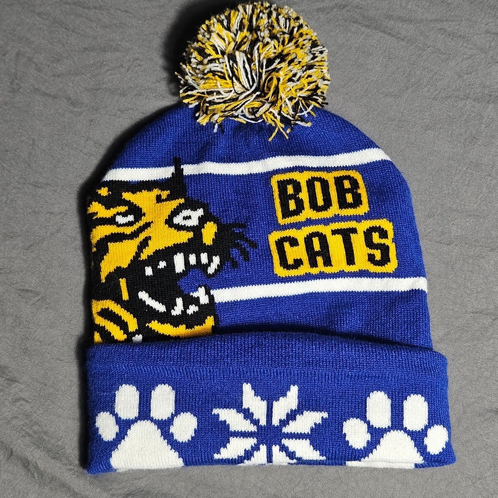 Cap America Bobcats Pom Beanie Blue Gold Knit Winter Hat Paw Print Made in USA